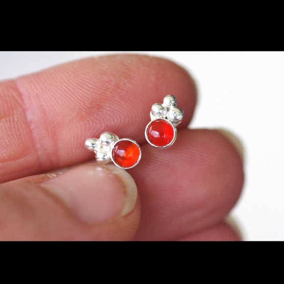 Tiny Carnelian and Sterling Silver Stud Earrings - Picture 2 of 2